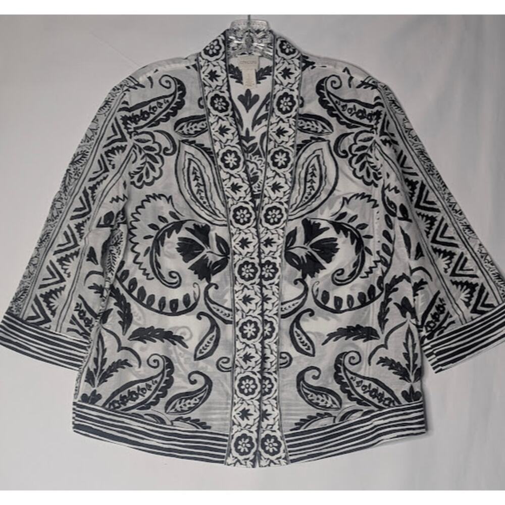 Chico’s Kimono in Black/White print Cotton-Silk Blend, Size 1 (Medium 8) Glam